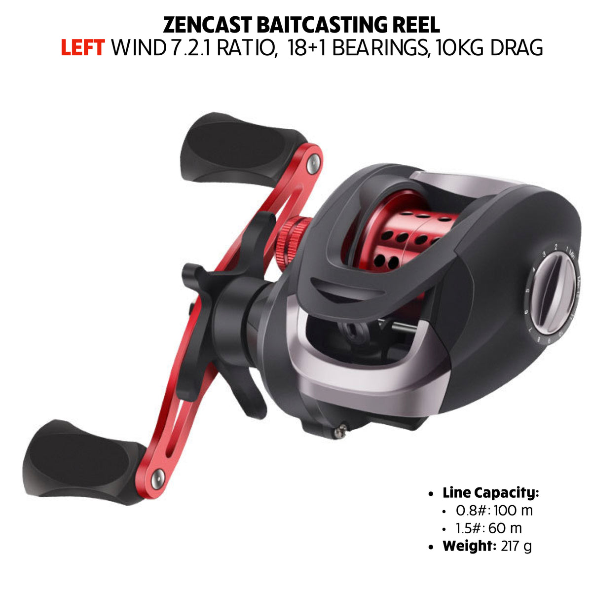 Zencast Baitcast Reel Right Wind Ratio, 18+1 Bearings, 10Kg Drag