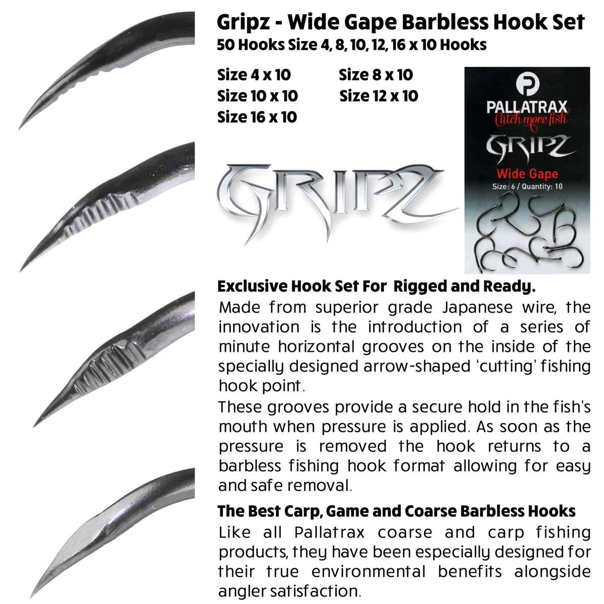 Gripz-Wide Gape Barbless Hook Set. 50 Hooks 5 Sizes 4, 8, 10, 12, 16 x
