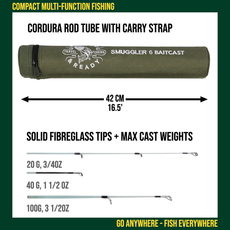 Smuggler 6 Baitcast Fishing Rod & Case. Compact medium casting action rod. 3 tips