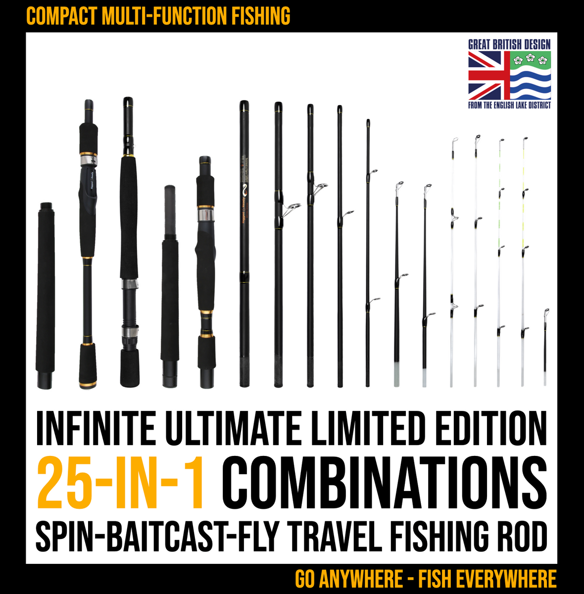 Rigged And Ready Infinite Ultimate Travel Fishing Rod. Spin-Cast-Fly 25-in-1