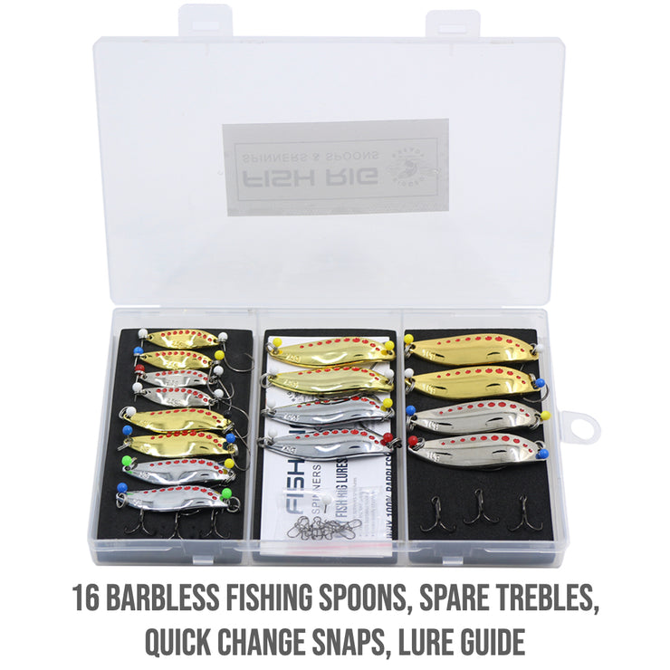 Barbless Spoons 16 Small Premium Fishing Spoons Set Fish Rig 100% Barbless