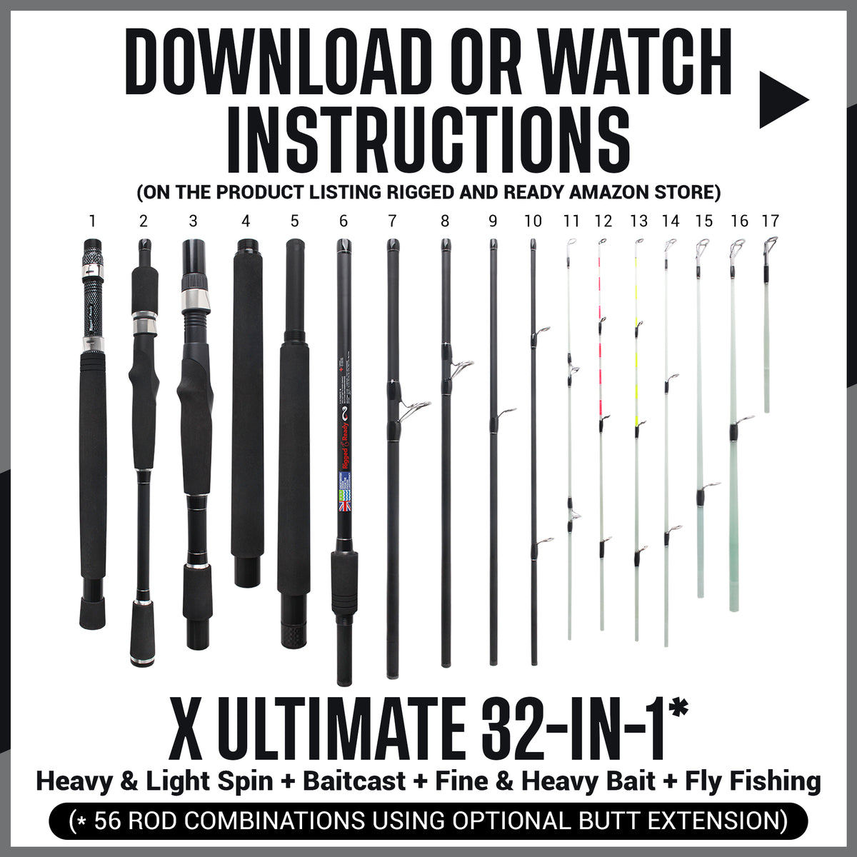 Rigged and Ready X Ultimate 32-in-1 Spin-Baitcast-Fly Travel Fishing Rod - Up to 56 Fishing Techniques Max 280cm 9’2” Min 107cm 3’6” Cast-Spin Micro Trigger 7 Tips + 17 Interchangeable Parts