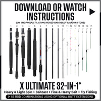 Rigged and Ready X Ultimate 32-in-1 Spin-Baitcast-Fly Travel Fishing Rod - Up to 56 Fishing Techniques Max 280cm 9’2” Min 107cm 3’6” Cast-Spin Micro Trigger 7 Tips + 17 Interchangeable Parts