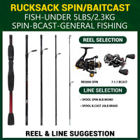 Rucksack Baitcast Travel Fishing Rod 5' 6" 170 cm. Compact Length 15.5’ 40 cm. Max Cast W 20g