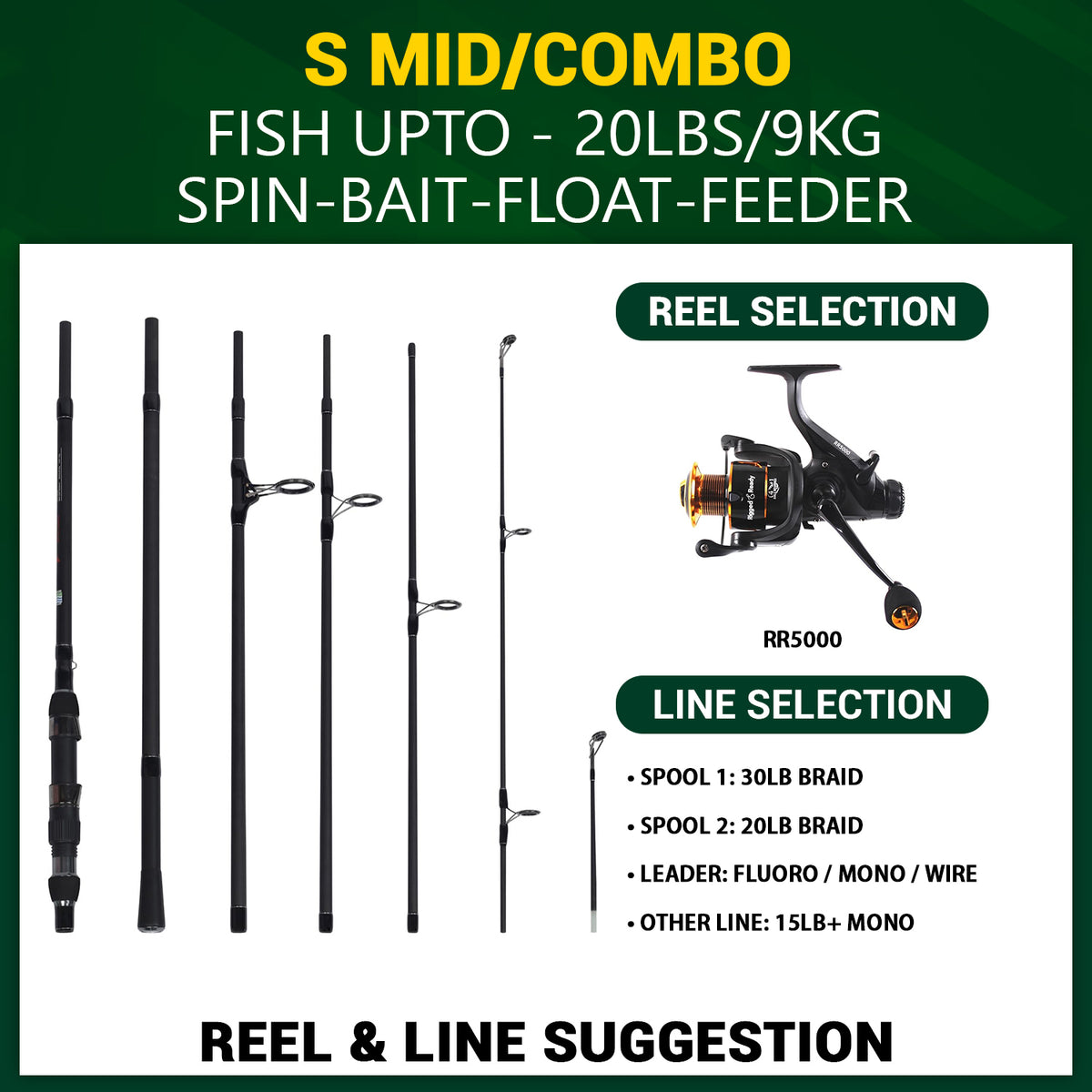 S Mid Combination. Powerful Carp, Predator, Light Surf rod +2 tips. 320 cm (10.5’) + 270 cm (8.85’) rods, RR5000 running/spin reel