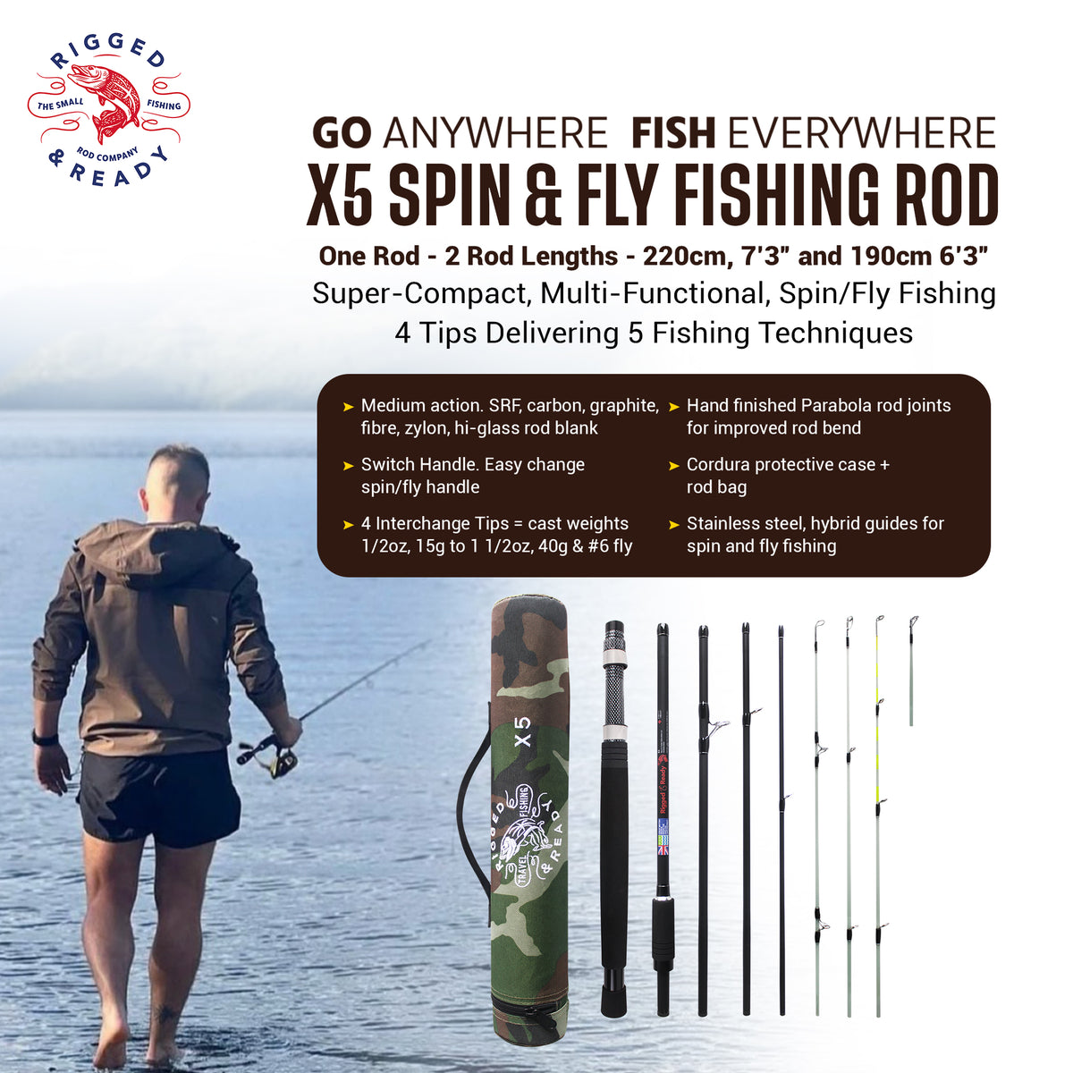 X5 Fishing Rod. Multi-Function, Super-Compact Spin-Fly Travel Rod. 1 rod 5 fishing techniques. 2.2m (7’3") + 1.9m (6'3) lengths