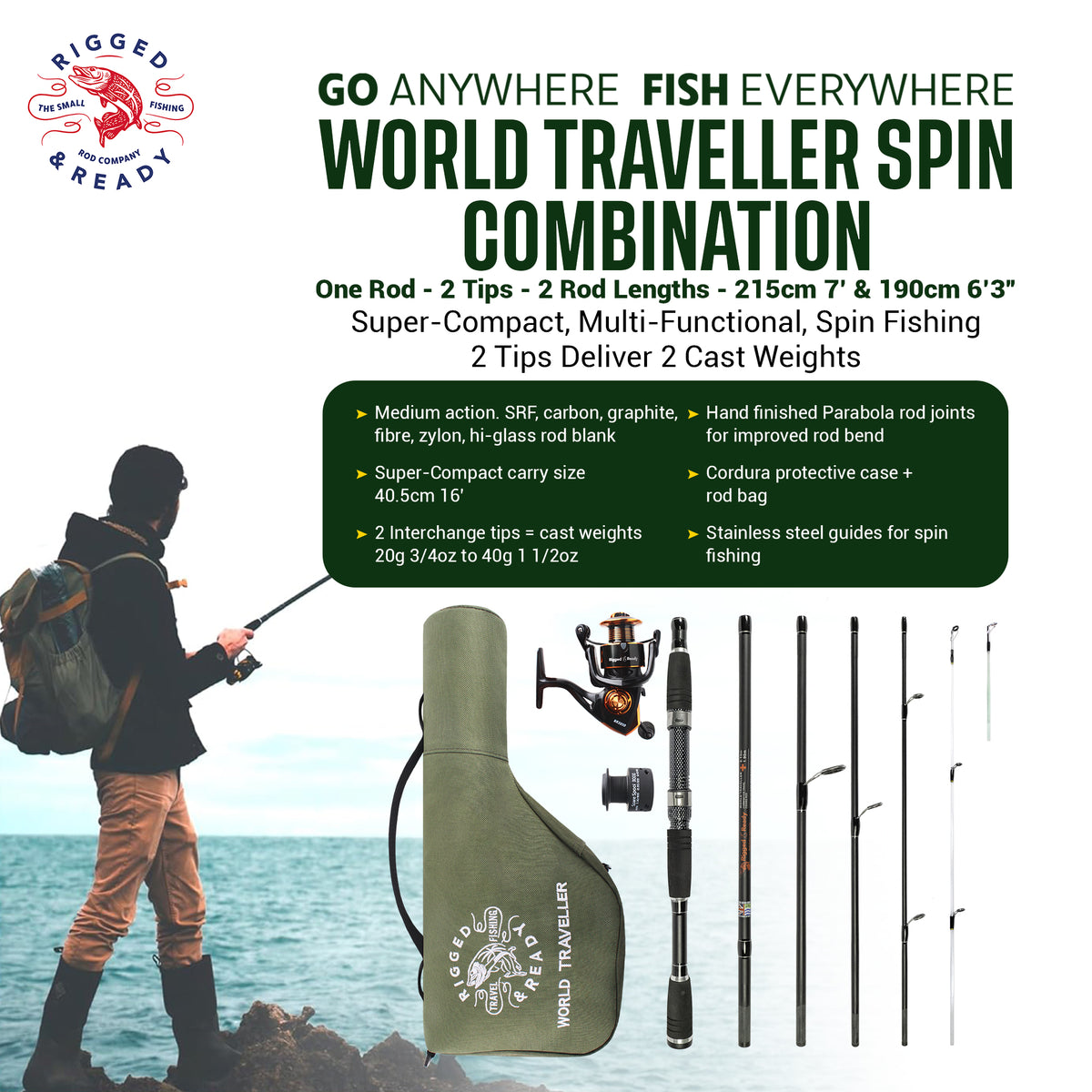 World Traveller Rod-Reel-Case Combo. 1 Rod, 2 tips, 2 lengths 215cm 7’ & 190cm 6'3"