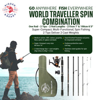 World Traveller Rod-Reel-Case Combo. 1 Rod, 2 tips, 2 lengths 215cm 7’ & 190cm 6'3"