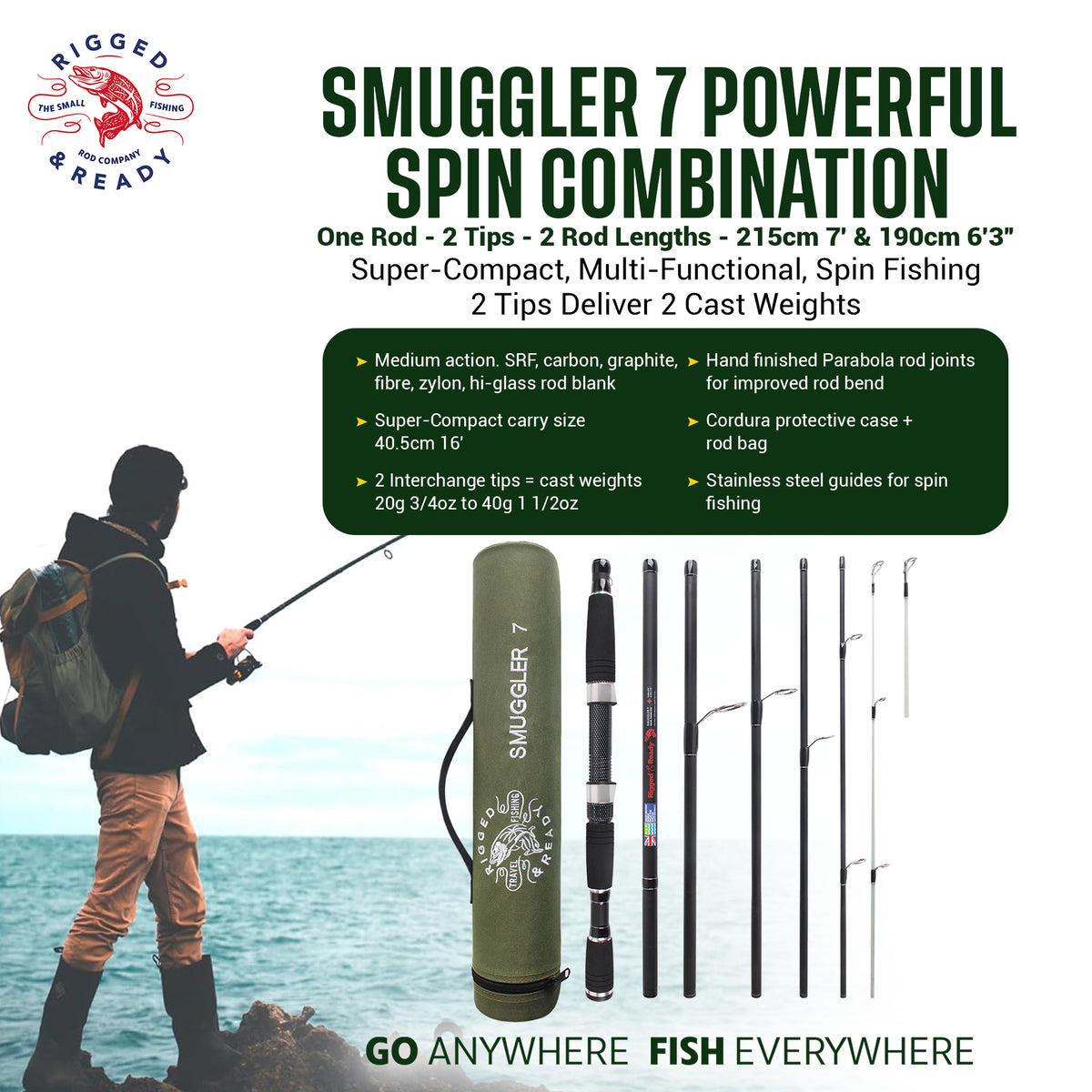 Smuggler 7 Powerful Compact Travel Rod + 2 tips. 215cm 7' + 190cm 6'3" fishing options