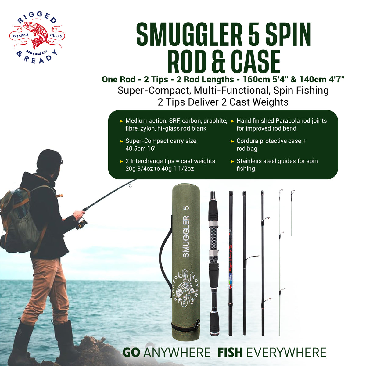 Smuggler 5 Compact Travel Rod & Case + 2 Tips 140+160cm Rod Options