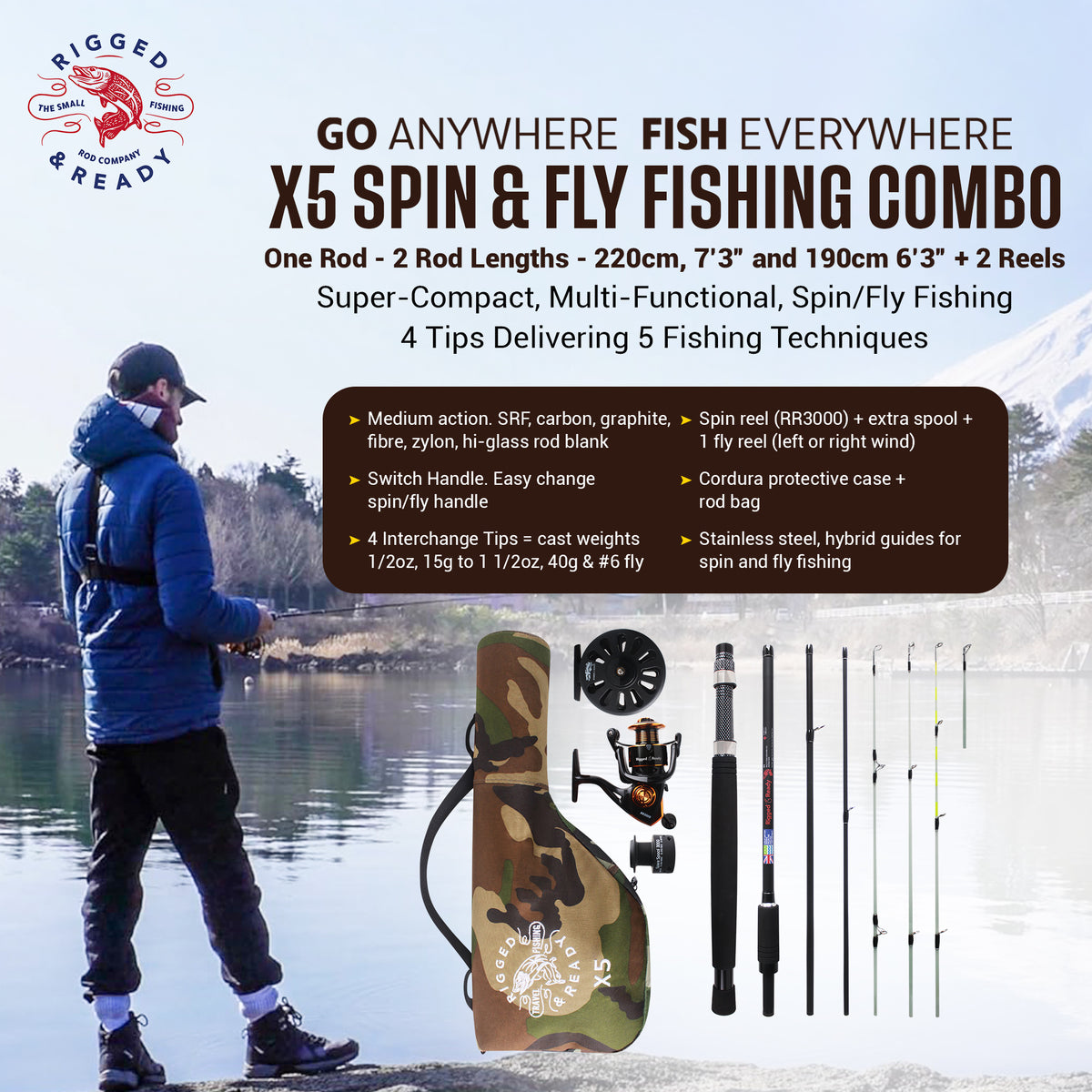 X5 Combination Travel Fishing Rod, 2 Reels and Case. Spin-Fly. 1 Rod 2 lengths 220cm 7'3, 190cm 6'3" 5 Techniques.