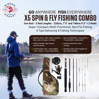 X5 Combination Travel Fishing Rod, 2 Reels and Case. Spin-Fly. 1 Rod 2 lengths 220cm 7'3, 190cm 6'3" 5 Techniques.