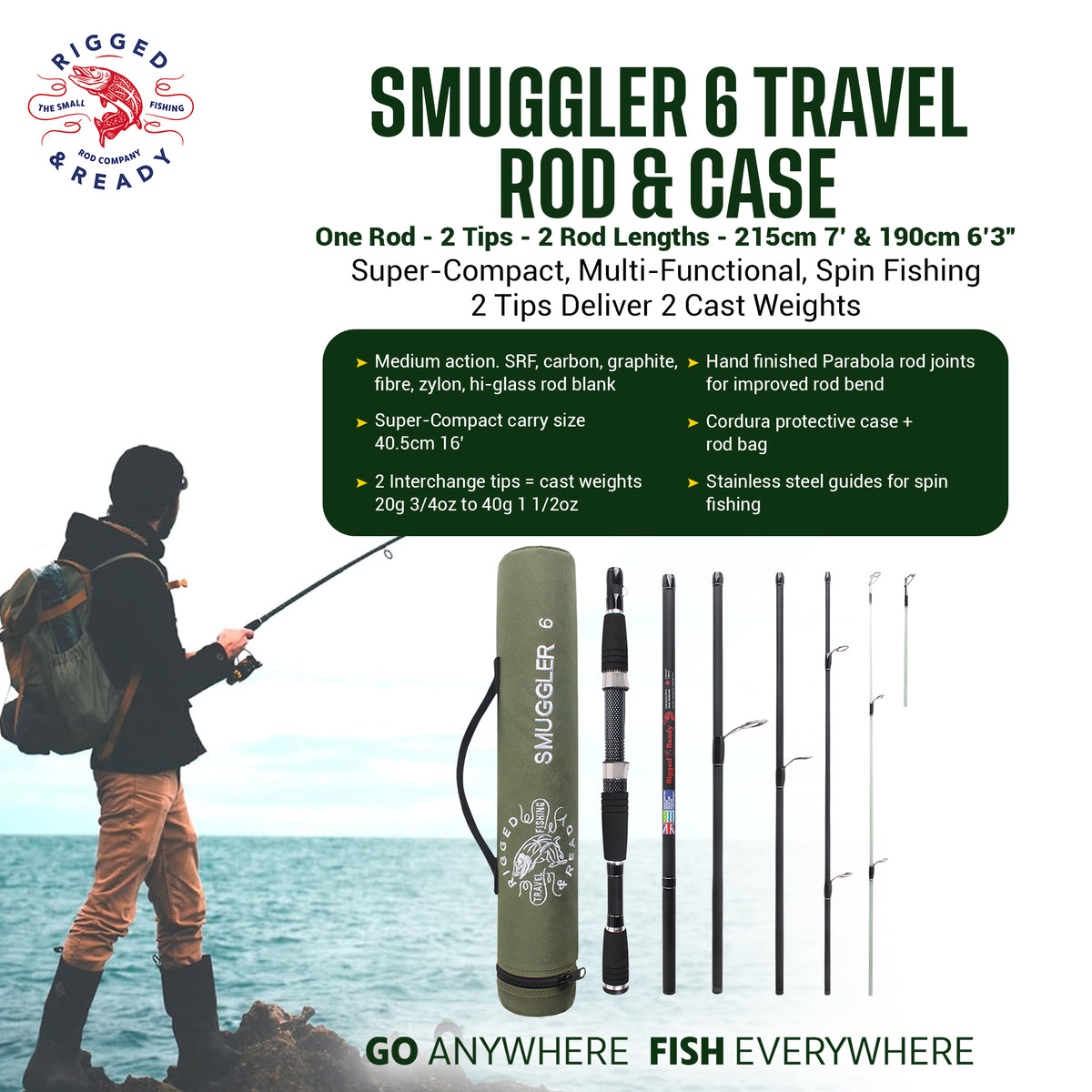 Smuggler 6 Travel Rod & Case +2 tips. 215cm 7' +190cm 6'3" Rod Options