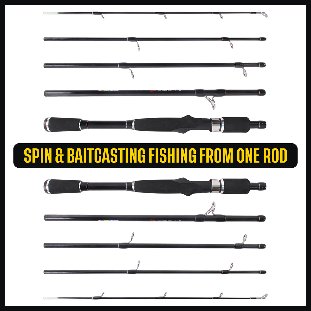 Rucksack Spin & Baitcasting Rod. Super-Compact 5’ 7” 170cm 5 Sections + neoprene case. 1 rod + Micro-trigger = Spin or Casting