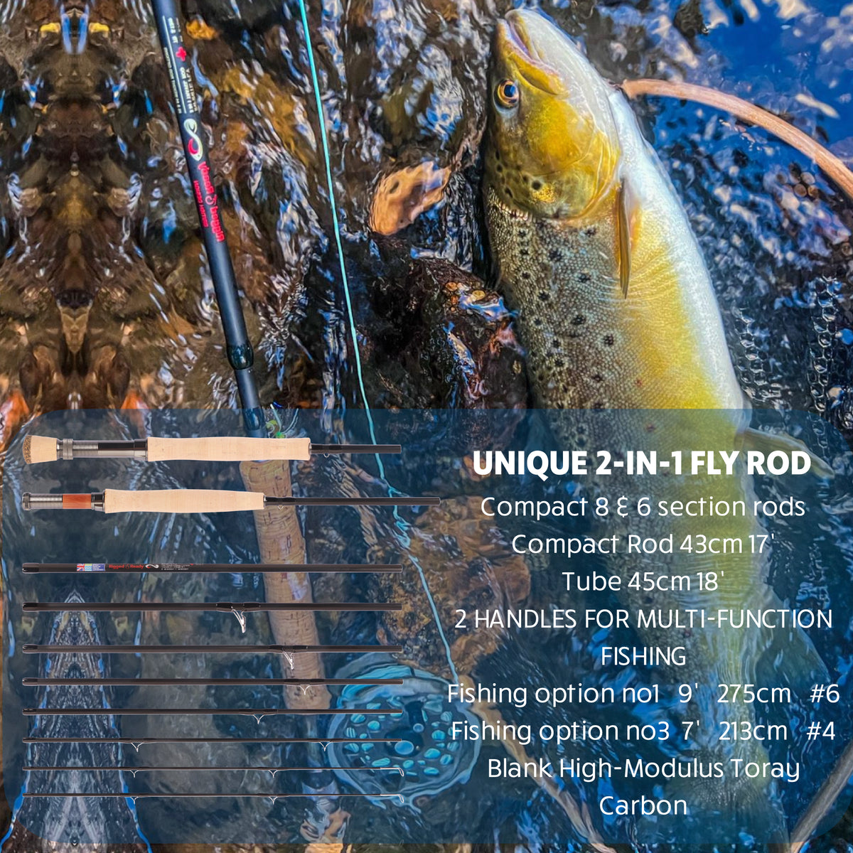 FLY 2-IN-1 Travel Fly Rod. 2 Handles. Hi-Modulus Carbon 8 Sections 9ft #6 + 7ft #4