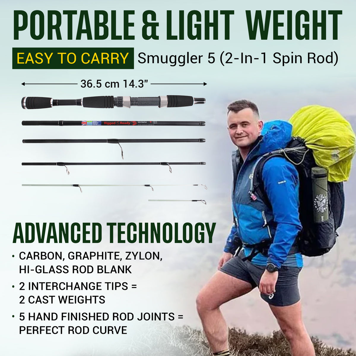 Smuggler 5 Compact Travel Rod & Case + 2 Tips 140+160cm Rod Options