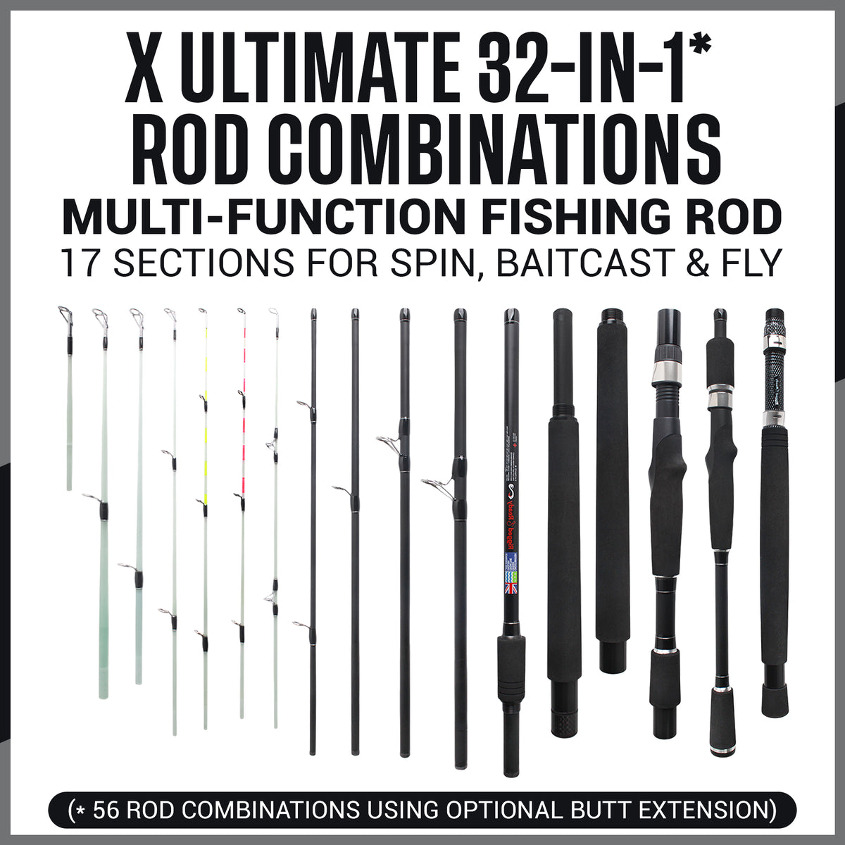 Rigged and Ready X Ultimate 32-in-1 Spin-Baitcast-Fly Travel Fishing Rod - Up to 56 Fishing Techniques Max 280cm 9’2” Min 107cm 3’6” Cast-Spin Micro Trigger 7 Tips + 17 Interchangeable Parts