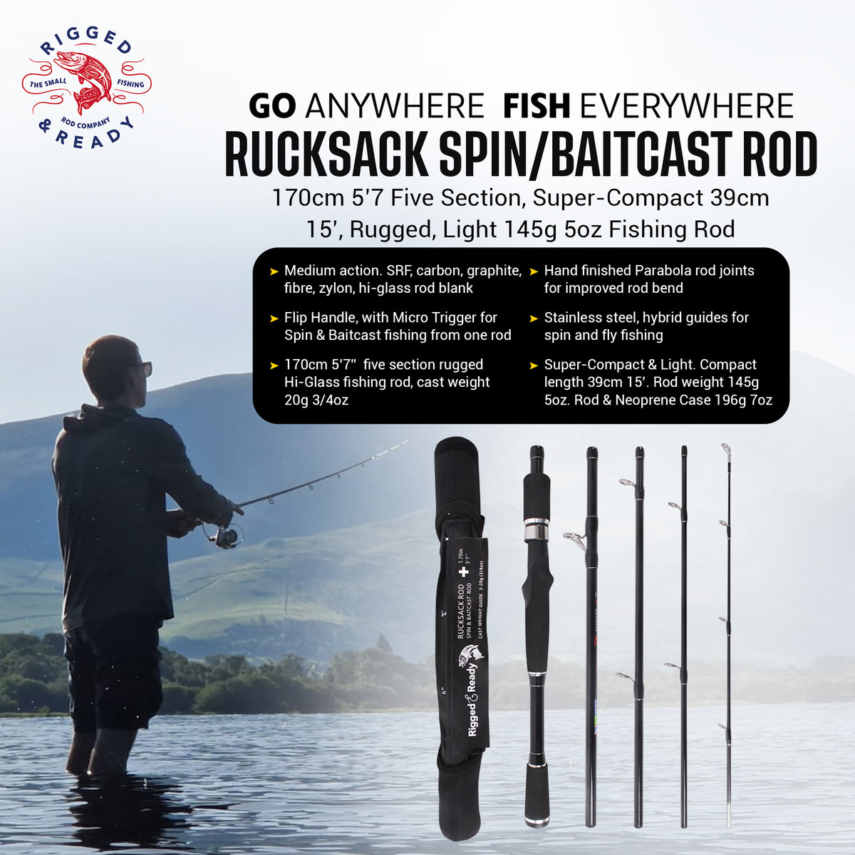 Rucksack Spin & Baitcasting Rod. Super-Compact 5’ 7” 170cm 5 Sections + neoprene case. 1 rod + Micro-trigger = Spin or Casting