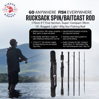 Rucksack Spin & Baitcasting Rod. Super-Compact 5’ 7” 170cm 5 Sections + neoprene case. 1 rod + Micro-trigger = Spin or Casting