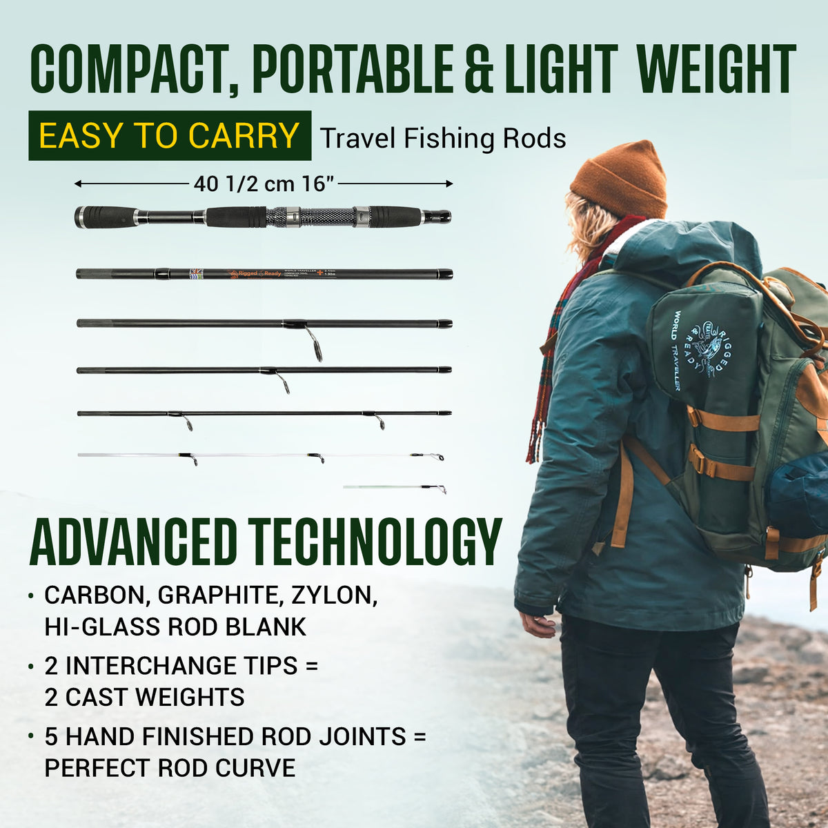 World Traveller Rod-Reel-Case Combo. 1 Rod, 2 tips, 2 lengths 215cm 7’ & 190cm 6'3"