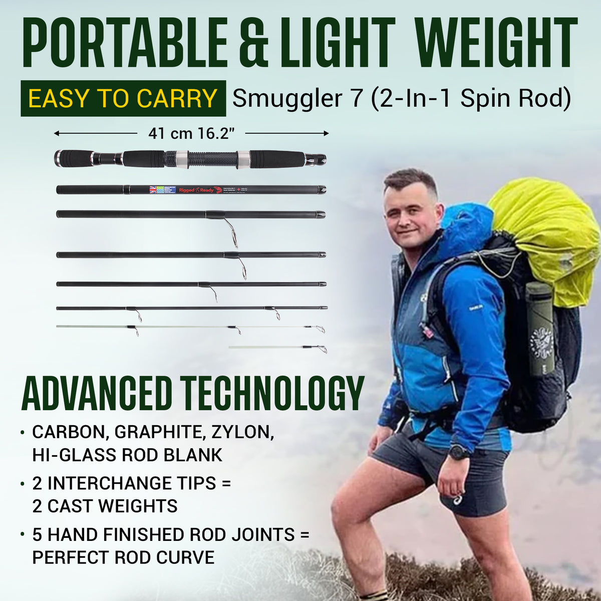 Smuggler 7 Powerful Compact Travel Rod + 2 tips. 215cm 7' + 190cm 6'3" fishing options