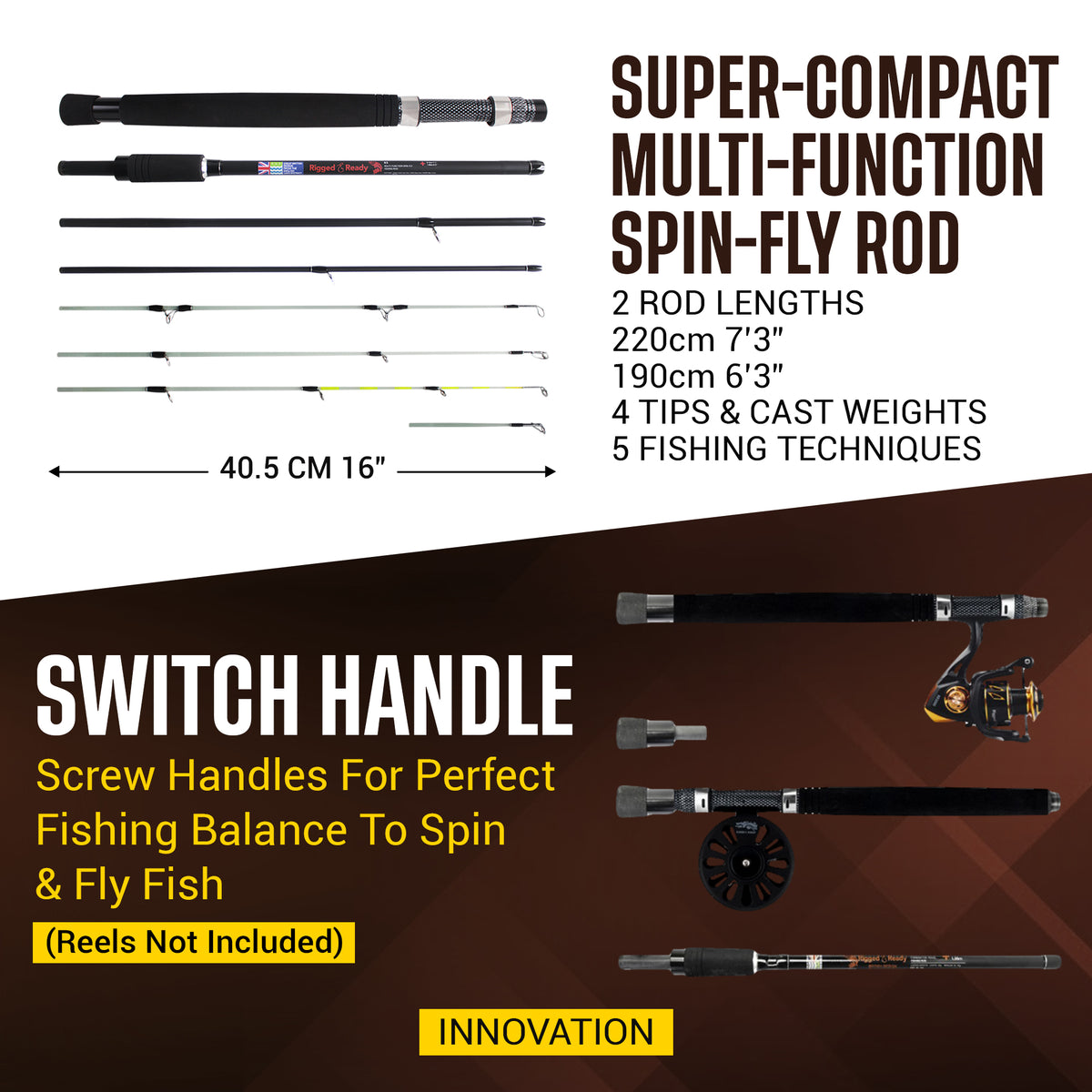 X5 Fishing Rod. Multi-Function, Super-Compact Spin-Fly Travel Rod. 1 rod 5 fishing techniques. 2.2m (7’3") + 1.9m (6'3) lengths