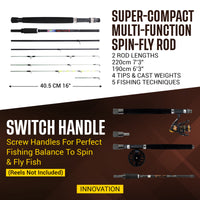 X5 Fishing Rod. Multi-Function, Super-Compact Spin-Fly Travel Rod. 1 rod 5 fishing techniques. 2.2m (7’3") + 1.9m (6'3) lengths