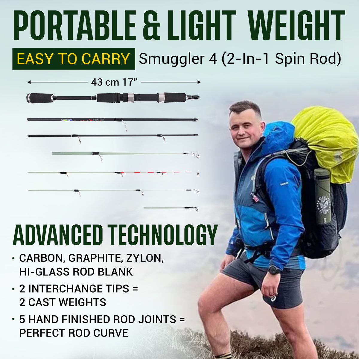 Smuggler 4 Kayak Compact Travel Spinning Rod - 4 tips, 3 lengths Max 154cm Min 108cm