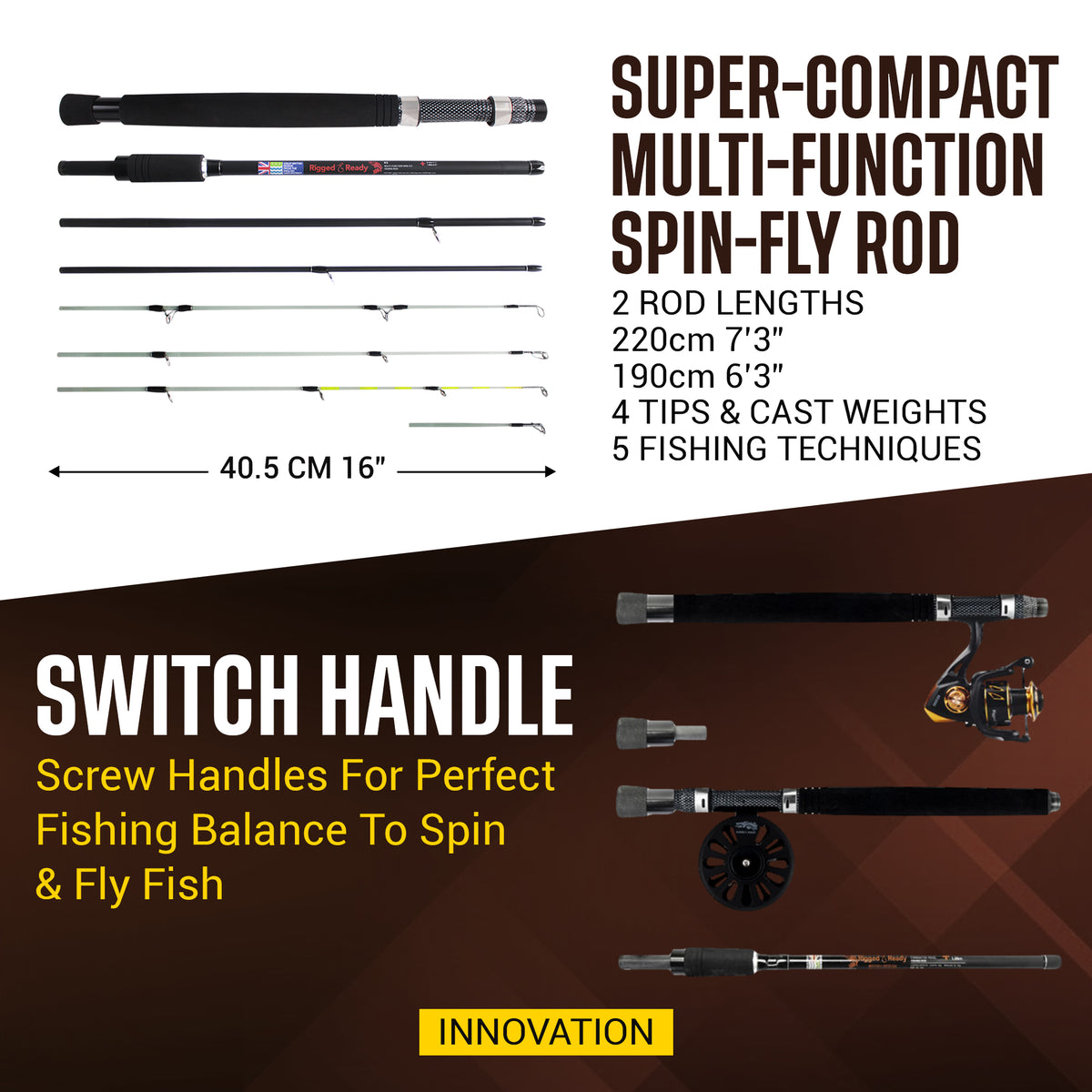 X5 Combination Travel Fishing Rod, 2 Reels and Case. Spin-Fly. 1 Rod 2 lengths 220cm 7'3, 190cm 6'3" 5 Techniques.