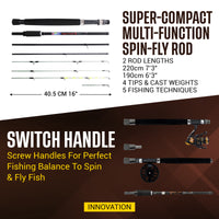 X5 Combination Travel Fishing Rod, 2 Reels and Case. Spin-Fly. 1 Rod 2 lengths 220cm 7'3, 190cm 6'3" 5 Techniques.