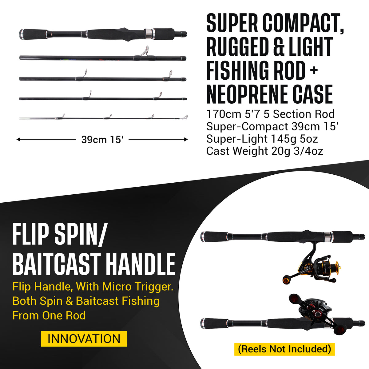 Rucksack Spin & Baitcasting Rod. Super-Compact 5’ 7” 170cm 5 Sections + neoprene case. 1 rod + Micro-trigger = Spin or Casting