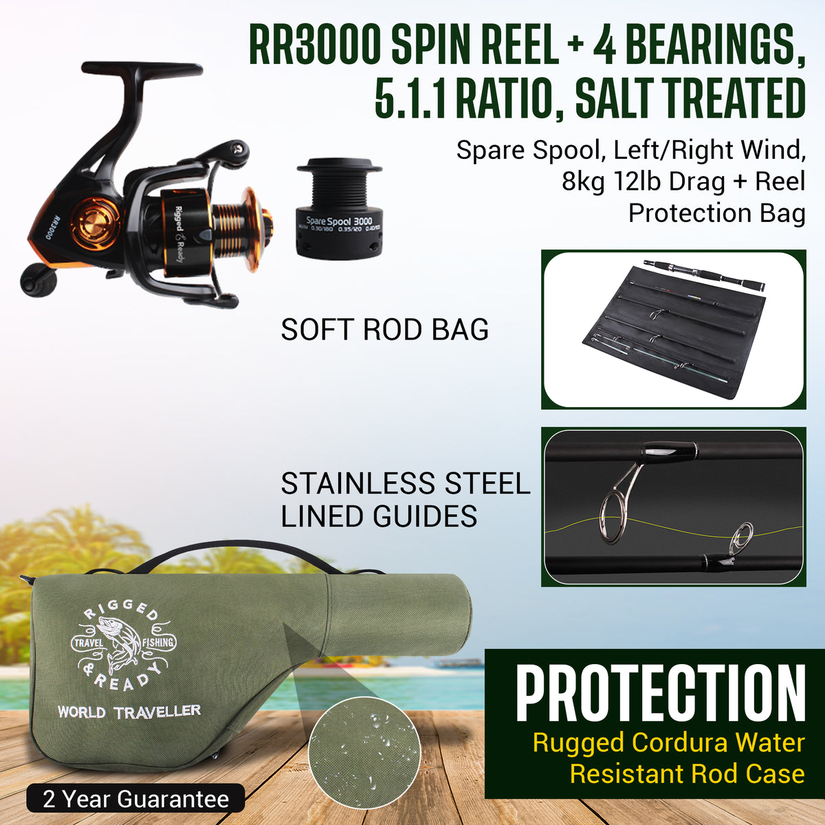 World Traveller Rod-Reel-Case Combo. 1 Rod, 2 tips, 2 lengths 215cm 7’ & 190cm 6'3"