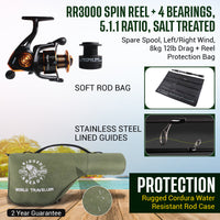 World Traveller Rod-Reel-Case Combo. 1 Rod, 2 tips, 2 lengths 215cm 7’ & 190cm 6'3"