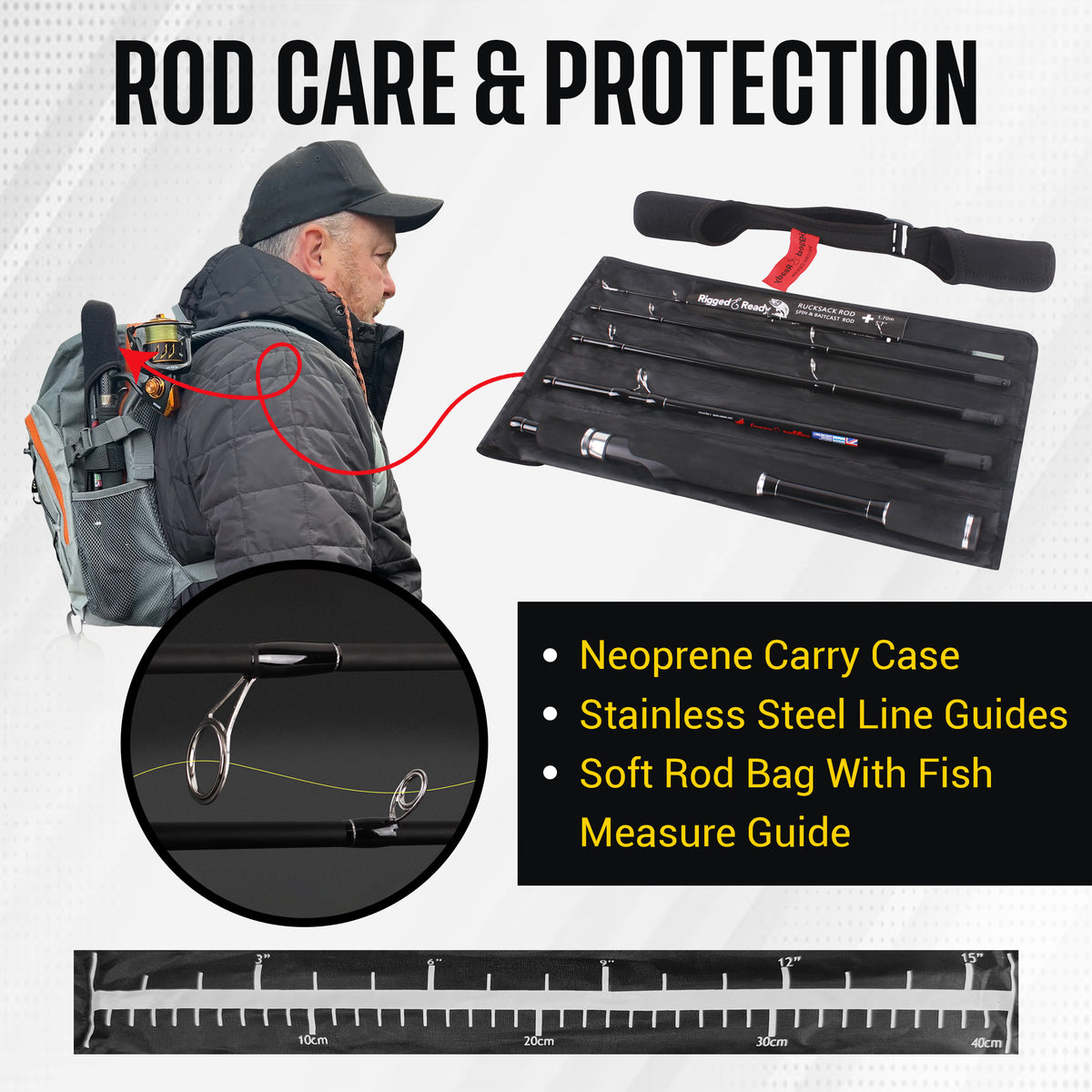 Rucksack Spin & Baitcasting Rod. Super-Compact 5’ 7” 170cm 5 Sections + neoprene case. 1 rod + Micro-trigger = Spin or Casting
