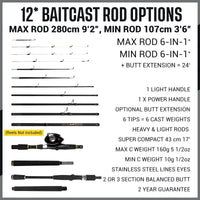 Rigged and Ready X Ultimate 32-in-1 Spin-Baitcast-Fly Travel Fishing Rod - Up to 56 Fishing Techniques Max 280cm 9’2” Min 107cm 3’6” Cast-Spin Micro Trigger 7 Tips + 17 Interchangeable Parts