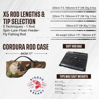 X5 Combination Travel Fishing Rod, 2 Reels and Case. Spin-Fly. 1 Rod 2 lengths 220cm 7'3, 190cm 6'3" 5 Techniques.