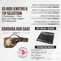 X5 Combination Travel Fishing Rod, 2 Reels and Case. Spin-Fly. 1 Rod 2 lengths 220cm 7'3, 190cm 6'3" 5 Techniques.