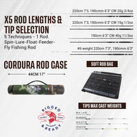 X5 Fishing Rod. Multi-Function, Super-Compact Spin-Fly Travel Rod. 1 rod 5 fishing techniques. 2.2m (7’3") + 1.9m (6'3) lengths