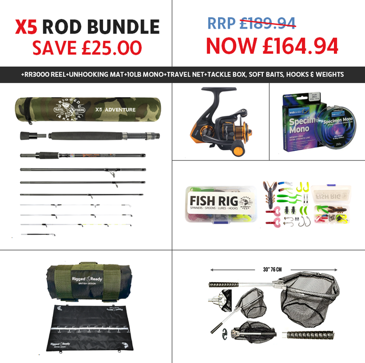 SPECIAL DEAL – X5 ROD + RR3000 REEL, UNHOOKING MAT, NET, 8LB MONO LINE & MIXED SOFT LURE RIG RRP £189.94 NOW £164.94*