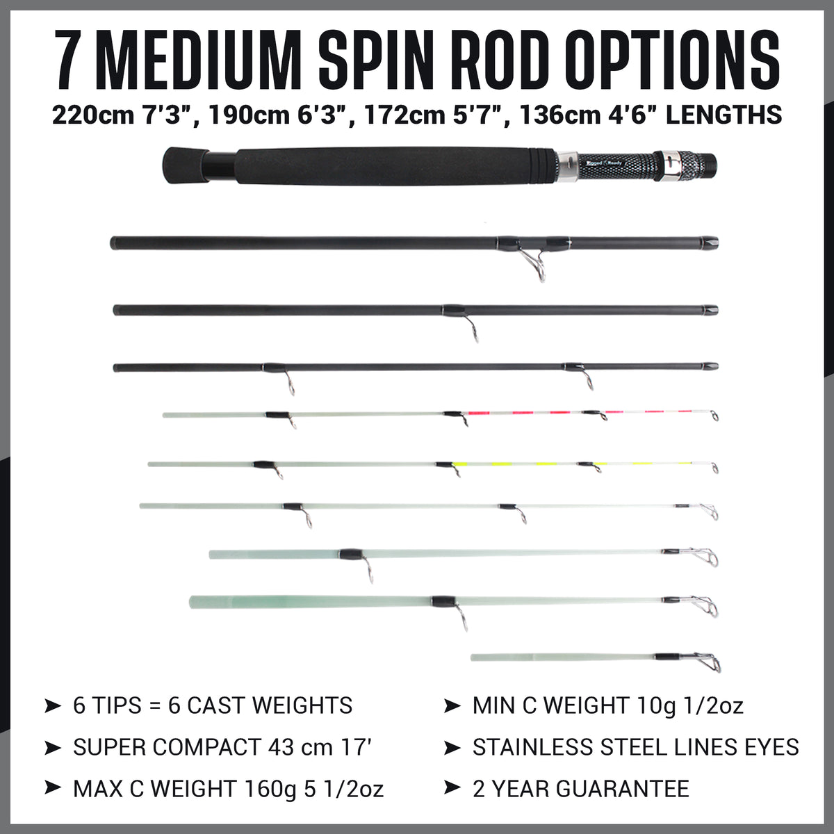 Rigged and Ready X Ultimate 32-in-1 Spin-Baitcast-Fly Travel Fishing Rod - Up to 56 Fishing Techniques Max 280cm 9’2” Min 107cm 3’6” Cast-Spin Micro Trigger 7 Tips + 17 Interchangeable Parts