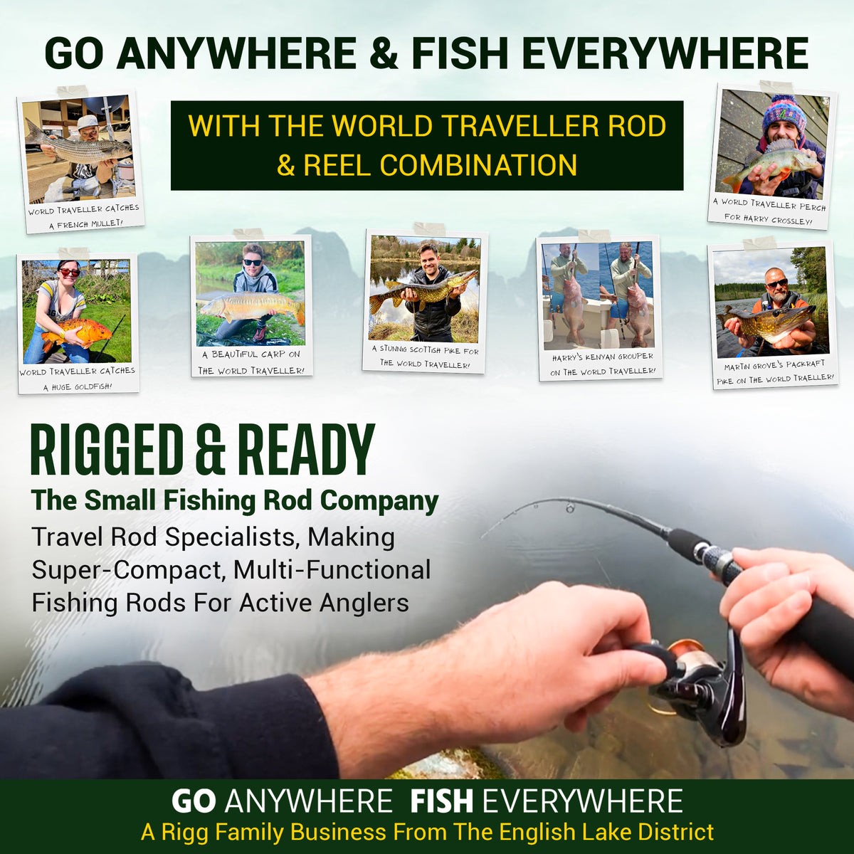 World Traveller Rod-Reel-Case Combo. 1 Rod, 2 tips, 2 lengths 215cm 7’ & 190cm 6'3"