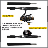 Rigged and Ready X Ultimate 32-in-1 Spin-Baitcast-Fly Travel Fishing Rod - Up to 56 Fishing Techniques Max 280cm 9’2” Min 107cm 3’6” Cast-Spin Micro Trigger 7 Tips + 17 Interchangeable Parts