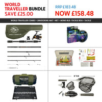 SPECIAL DEAL SAVE £25 – WORLD TRAVELLER COMBO BUNDLE + UNHOOKING MAT, NET, 8LB MONO LINE & TACKLE BOX WITH TACKLE