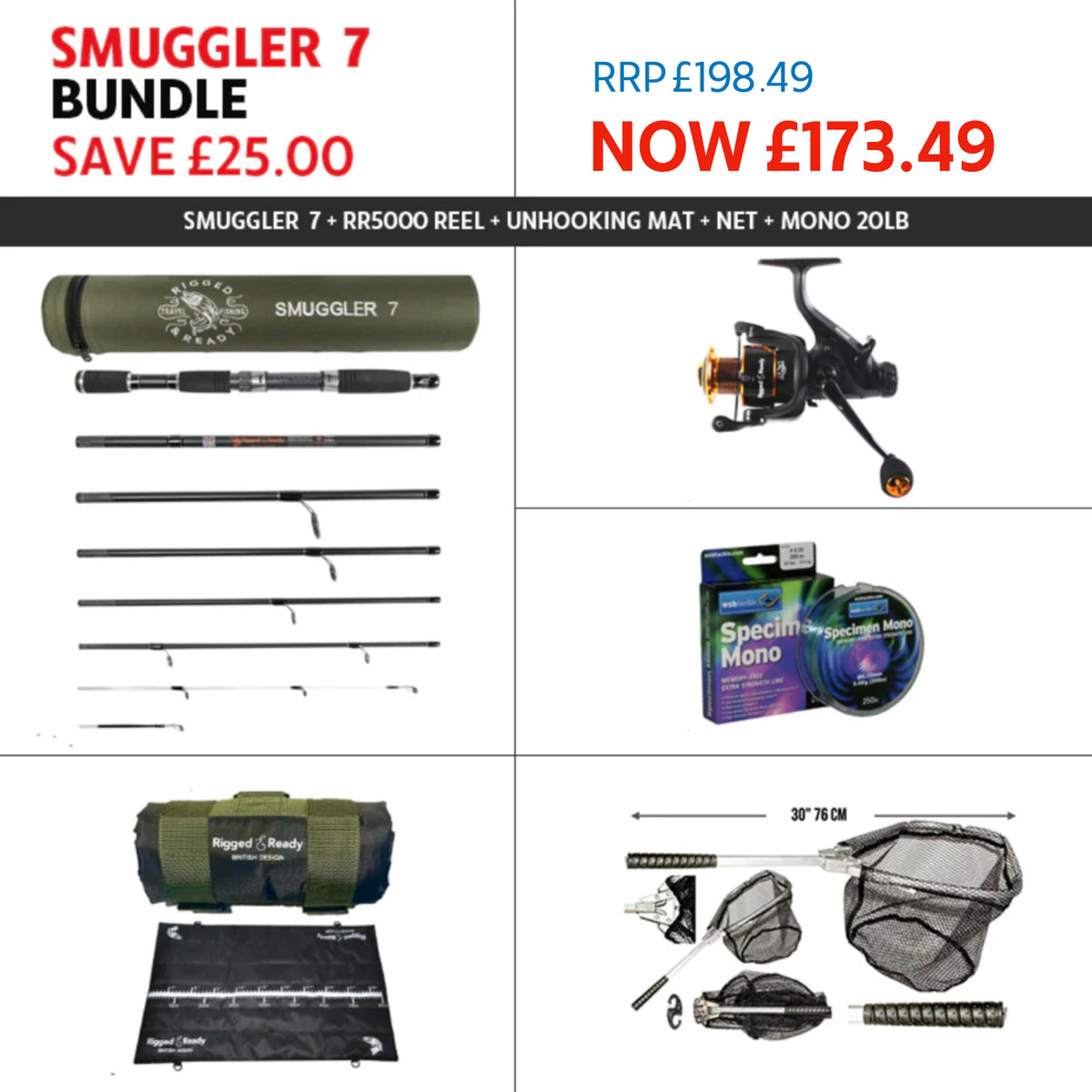 SPECIAL DEAL SAVE £25 – SMUGGLER 7 ROD + RR5000 REEL, UNHOOKING MAT, NET & 20LB MONO LINE