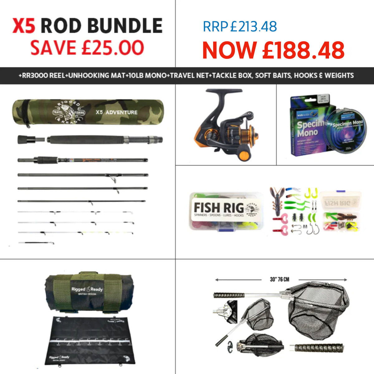 SPECIAL DEAL SAVE £25 – X5 ROD + RR3000 REEL, UNHOOKING MAT, NET, 8LB MONO LINE & MIXED SOFT LURE RIG