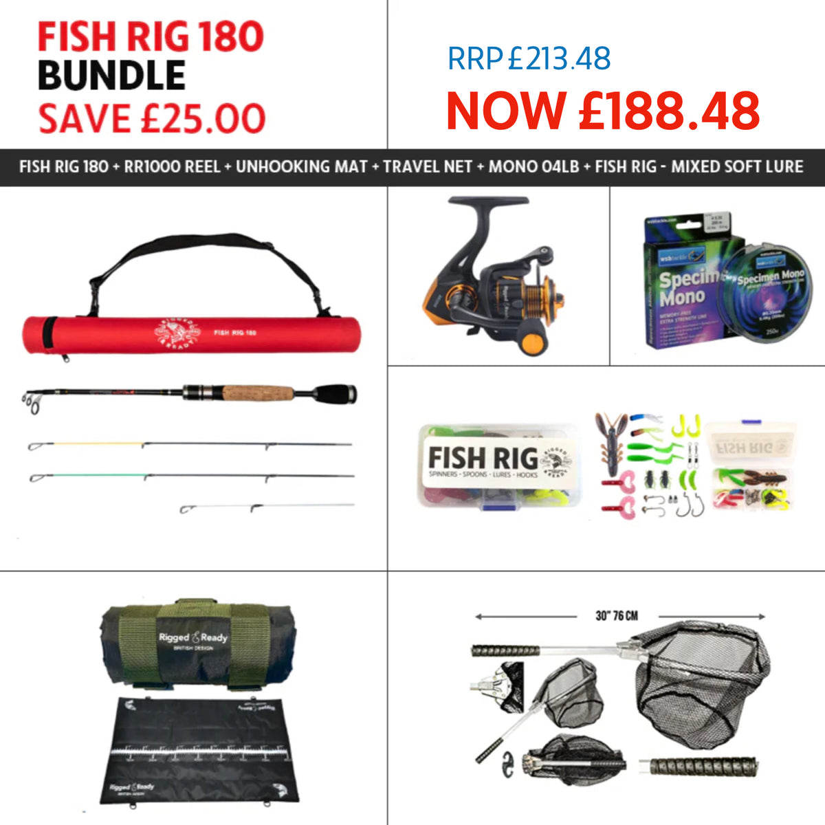 SPECIAL DEAL SAVE £25 – FISH RIG 180 ROD + RR1000 REEL, UNHOOKING MAT, NET, 4LB MONO LINE & MIXED SOFT LURE RIG