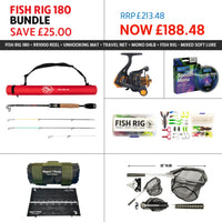 SPECIAL DEAL SAVE £25 – FISH RIG 180 ROD + RR1000 REEL, UNHOOKING MAT, NET, 4LB MONO LINE & MIXED SOFT LURE RIG