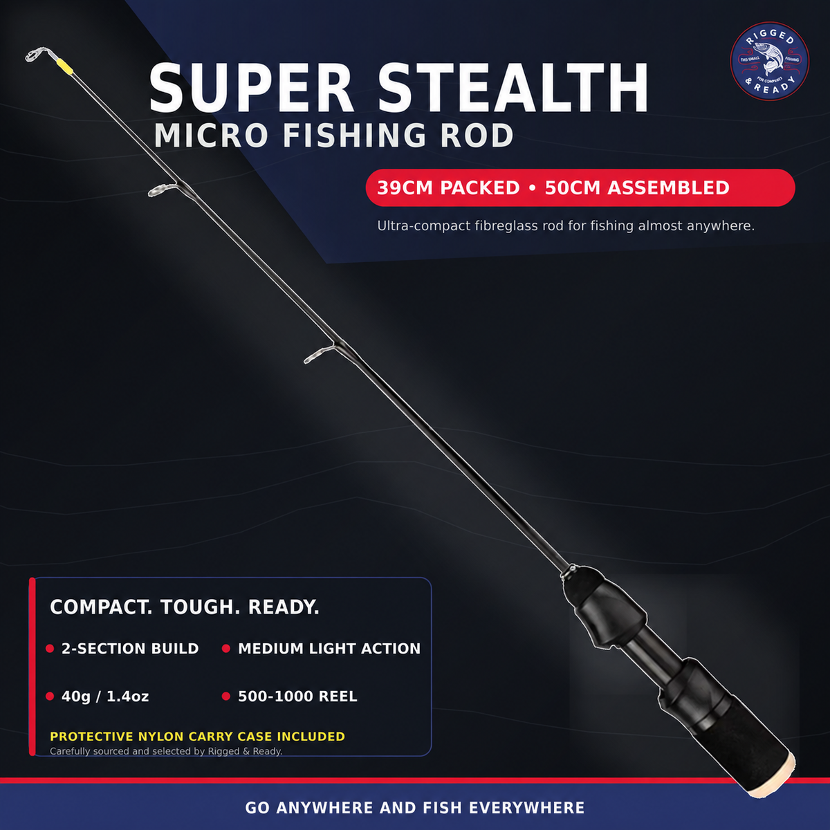 STEALTH MICRO FISHING ROD  Ultra-compact, Super-strong 50cm Travel Fishing Rod