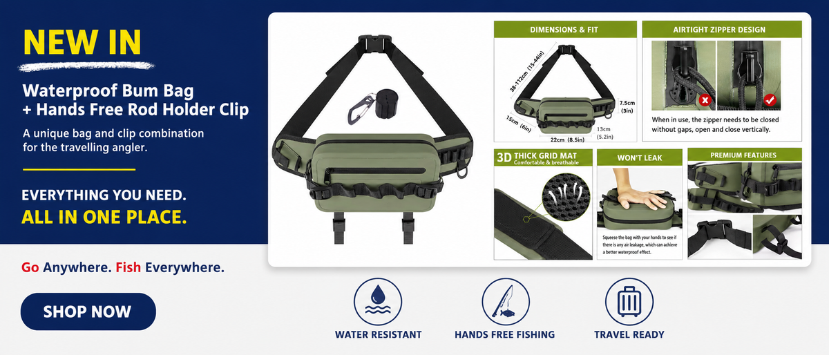 Waterproof Tackle Bag + Hands-Free Rod Holder Clip (waistbag or backpack)