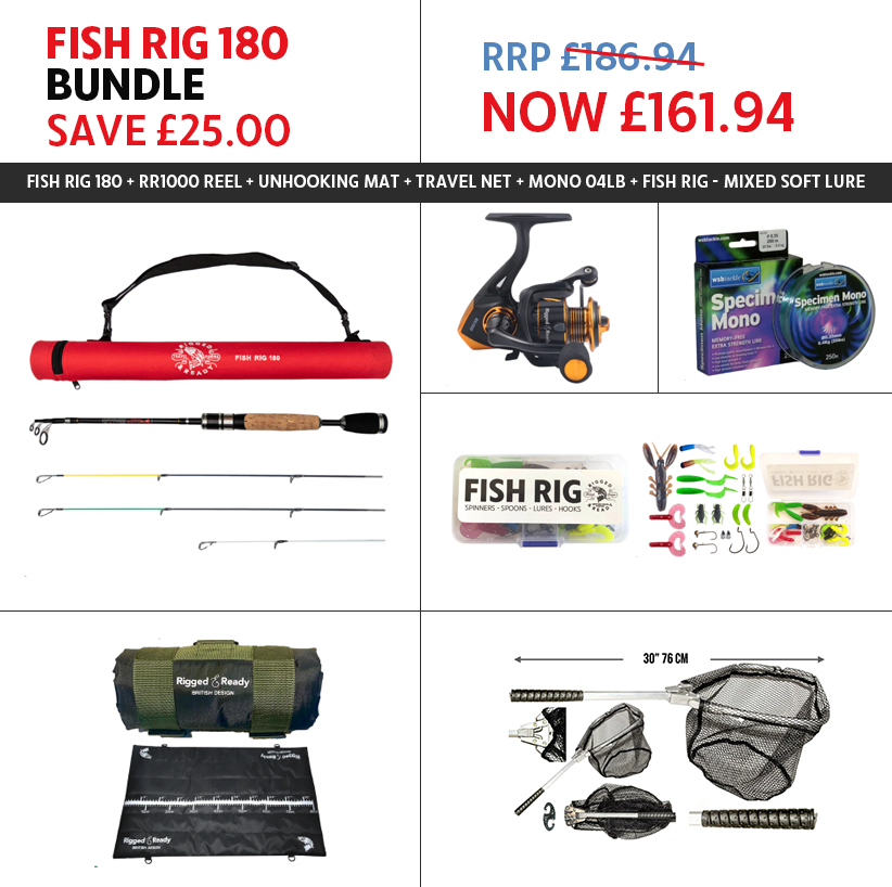 SPECIAL DEAL – FISH RIG 180 ROD + RR1000 REEL, UNHOOKING MAT, NET, 4LB MONO LINE & MIXED SOFT LURE RIG RRP £186.94 NOW £161.94*